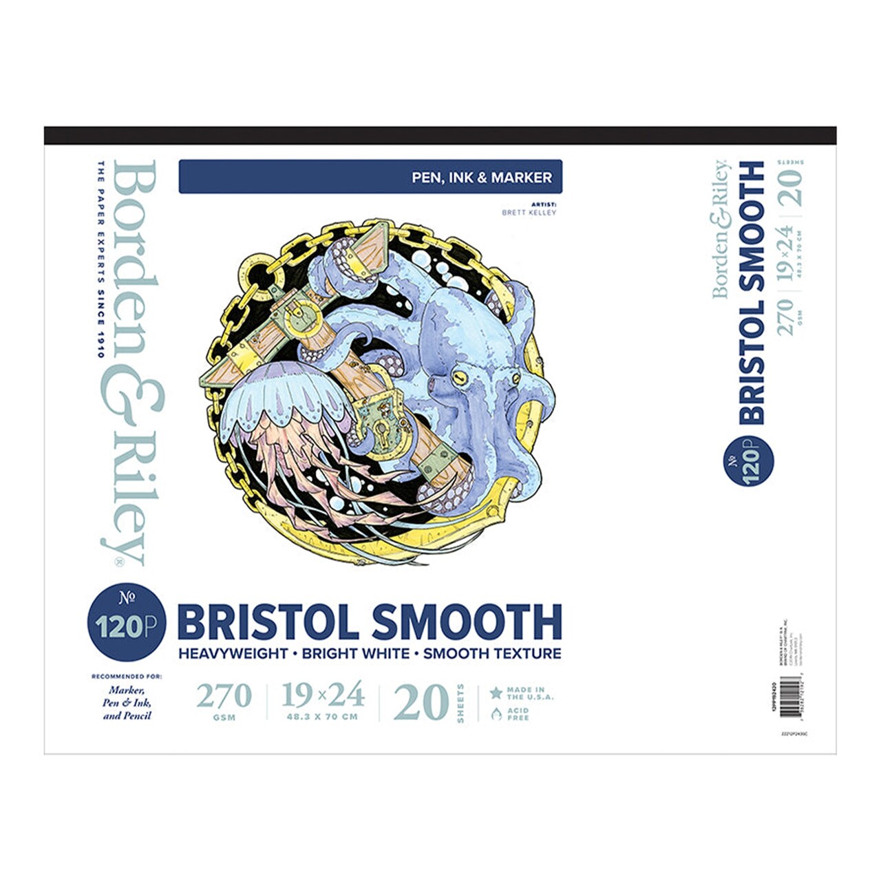 Borden & Riley #120P Bristol Smooth Paper Pad, 270 GSM/157 lb., 20 White Sheets, 1 Pad Each